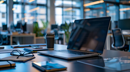 A laptop, notebook, and eyeglasses sit on a desk in a large, open-plan office after working hours.