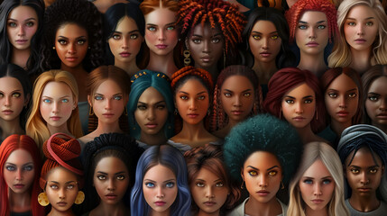 A large group of fictional women representing different ethnicities.