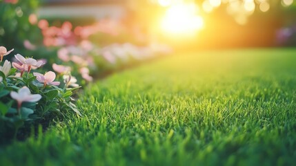 Sunset Over a Green Lawn Surrounded by Flowers