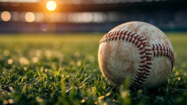 Closeup white old baseball ball during game at stadium illuminated by the headlights. Evening Light on the baseball Field**** Video