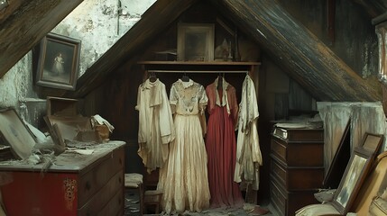 dresses and garments in a dusty attic