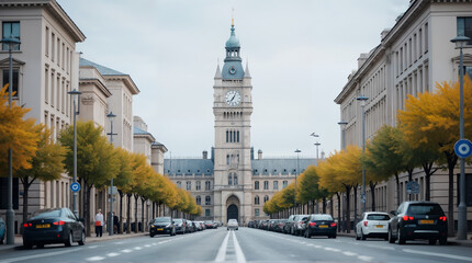 Obraz premium A Stunning Clock Tower Elegantly Standing Against a Bustling Road, Blending Historic Architecture with Urban Life