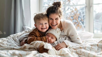 Obraz premium A laughing mother cuddles her happy young son and baby on a bed near the window.