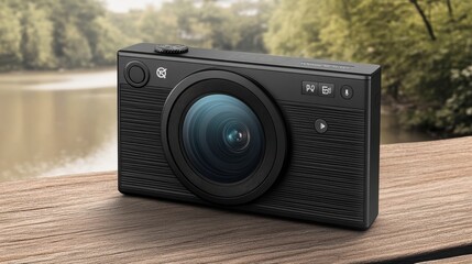 Modern Camera on a Wooden Surface by Scenic Lake