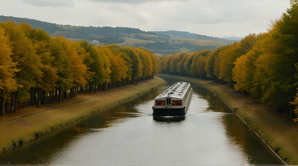 A Tranquil Barge Floating Along a Picturesque Track Surrounded by Trees and Hills for a Scenic Journey