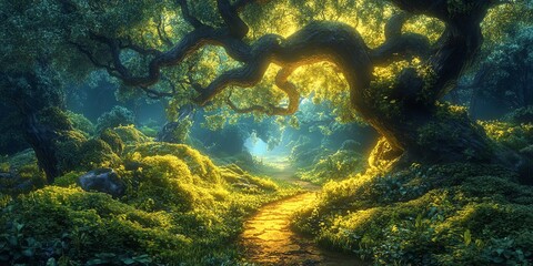 A sunlit path winds through a lush, green forest with a giant oak tree casting a canopy over the trail.