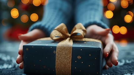 Elegant woman hands holding beautiful black gift box with golden ribbon on dark background Christmas New Year Birthday Valentine decoration and celebration with gold bokeh effect