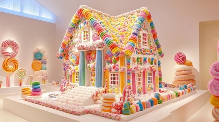 Clean white canvas highlighting a delightful confectionery structure, featuring intricate candy decorations and bright colors