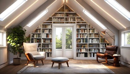 Inviting reading nook with a cozy armchair, surrounded by bookshelves and a warm, bright lamp for relaxation and literary escape