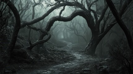 Obraz premium A Foggy Path Through a Dark and Twisted Forest