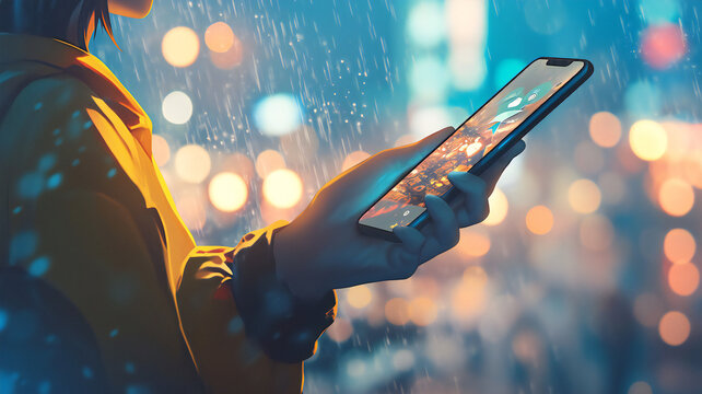 Rainy city and smartphone light,Rainy nights with digital