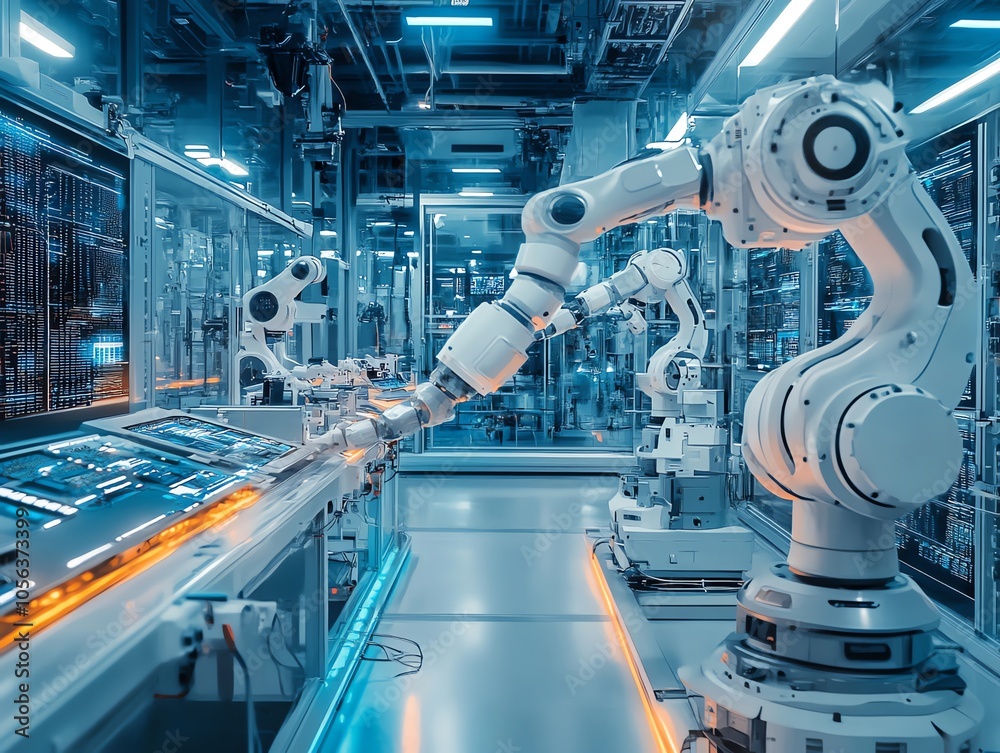 Poster Industrial robots working on an assembly line in a factory.