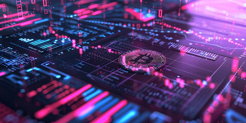 Fototapeta premium Bitcoin on Digital Circuit Board, Cryptocurrency Technology Background in Pink and Blue