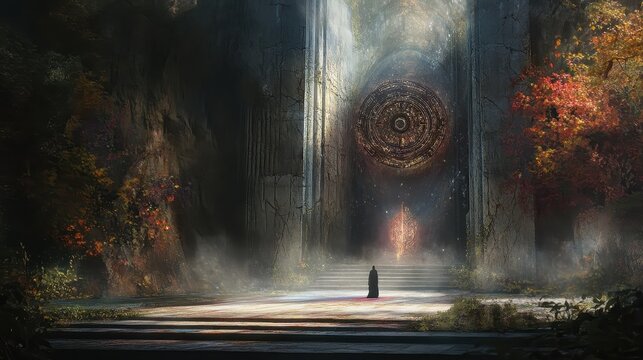 A hooded figure standing before a mystical stone gateway in a forest.