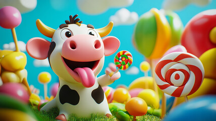Obraz premium A cheerful cow enjoying a colorful candy land filled with lollipops and sweets under a bright sky