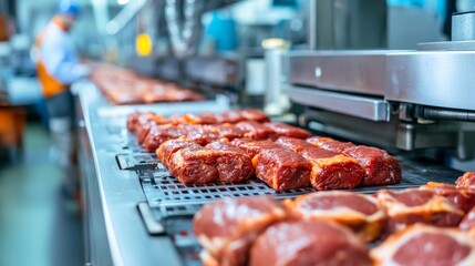 Automated production line in modern food factory.Factory for the production of food from meat.Industrial equipment at a meat factory.