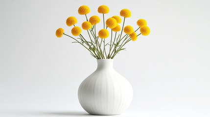 There is a bundle of yellow flowers inserted into the porcelain vase by the wall