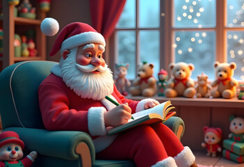 Jolly Santa Claus writing in book, surrounded by festive decorations and toys. cozy room is filled with teddy bears and warm, cheerful atmosphere