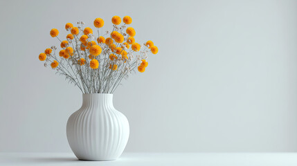 There is a bundle of yellow flowers inserted into the porcelain vase by the wall