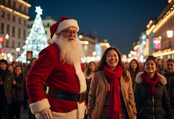 Fototapeta premium joyful scene featuring man in Santa costume and women smiling in festive street with Christmas lights and tree. atmosphere is cheerful and celebratory