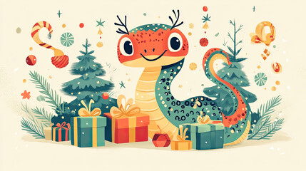 Naklejka premium Green snake, gift box, Chinese New Year