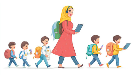 Fototapeta premium An Arab woman with two children and a suitcase went out