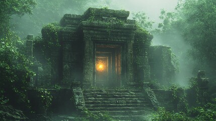 Ancient stone temple with overgrown foliage and a mysterious glow emanating from the entrance, shrouded in fog.