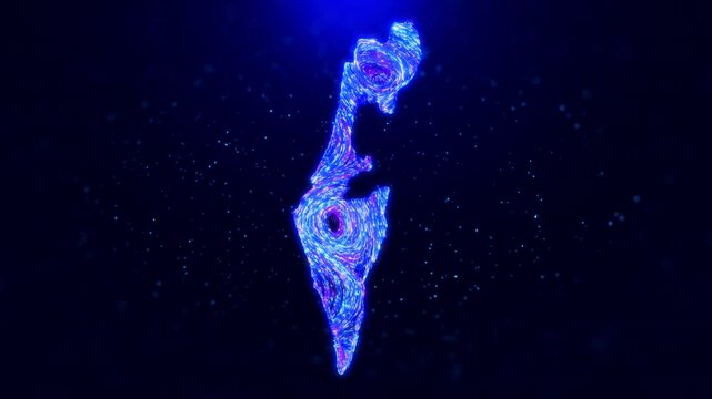Abstract motion view Israel map design, featuring glowing blue hairlines, dynamic flowing patterns, and scattered bokeh dot particles, creating a tech-inspired and modern digital aesthetic