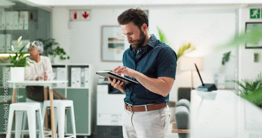 Poster research, social media and tablet with designer man reading creative information in office. app, pro
