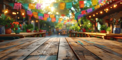 Empty Wooden Table for Product Display at Mexican Outdoor Restaurant with Decorated Cinco de Mayo Fiesta Background