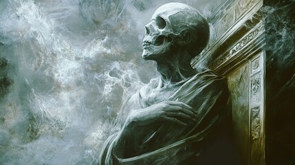 Obraz premium The Silent Watcher: A Gothic Skull Statue in Fog