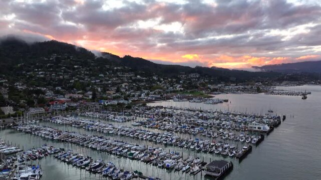 Sausalito - Aerial Reverse Over Sausalito Harbor During Sunset