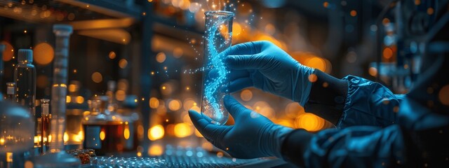 scientist holding test tubes and beakers in virtual lab with DNA holograms for research and education