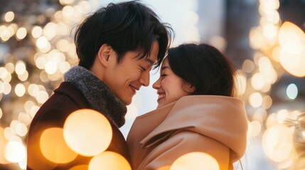 A couple shares a joyful moment together under twinkling festive lights in a winter wonderland setting during the holiday season.