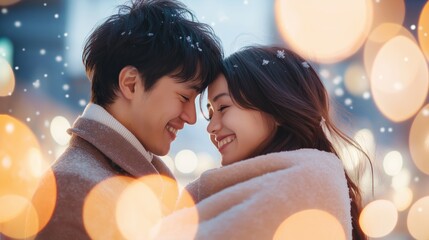 A joyful couple embraces each other warmly in a winter setting filled with softly falling snow and beautiful bokeh lights.