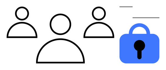 Three simple outline figures and a blue lock symbol indicating user security and privacy. Ideal for data protection, online security, user access control, privacy policies, cybersecurity. Style