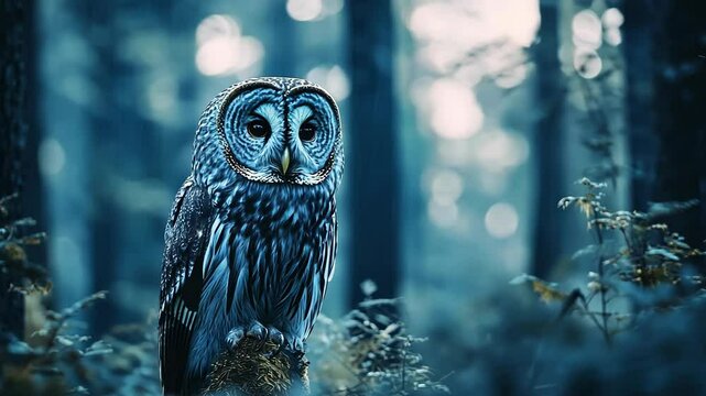 A gray owl perches on a branch in a blue forest, its large eyes looking intently forward