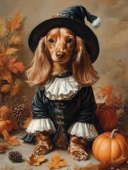 Colonial-Style Thanksgiving Dachshund in Pilgrim Outfit, Chestnut Fur and Gentle Expression, Surrounded by Pumpkin and Autumn Leaves, Warm and Cozy Holiday Setting
