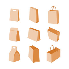 Set of reusable cotton eco bags collection, fabric tote with handle for shopping, packets for groceries, fruits and vegetables, textile reusable ecobags, isolated on white background illustration