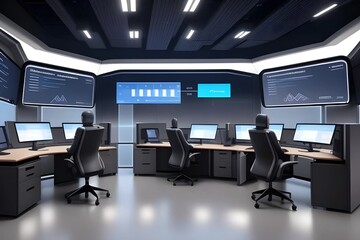 Modern cybersecurity office setup with biometric access and advanced data encryption technology