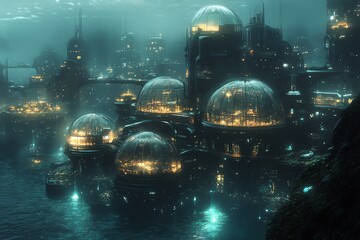 A futuristic underwater city with glowing lights and domed buildings.