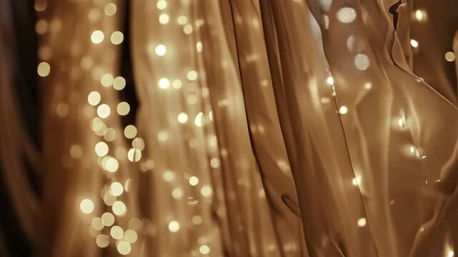 Blurred shiny sparkling gold sequins. Christmas and New Year celebrating. 80s and 90s party style. Textile with paillettes. Luxury retro background. Mocha Mousse - color of the year 2025