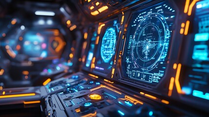 A futuristic cockpit interior with a glowing orange and blue dashboard, displaying a radar screen and other technical information.