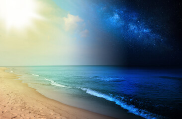 Sea on sunny day and starry night, combined design