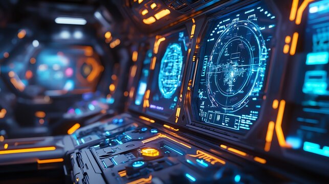 A futuristic cockpit interior with a glowing orange and blue dashboard, displaying a radar screen and other technical information.