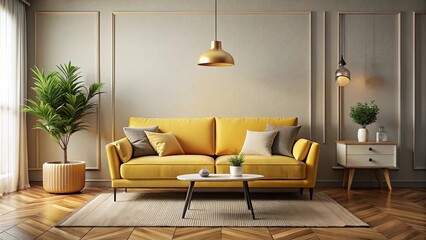 Cozy living room with a yellow sofa and accents, cozy, living room, sofa, yellow, accents, home, interior, comfortable