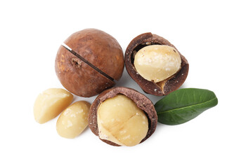 Macadamia nuts with shells isolated on white, top view