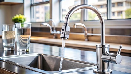 Water quality meter checking purity of water from modern kitchen tap, conductometer, TDS meter, water quality, purity, beaker