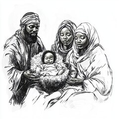 realistic African american hand drawn nativity scene with african american baby Jesus, african american Mary, african american Joseph and the three wise men who are african american ,generative ai © Fathor