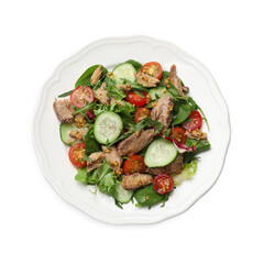 Delicious fresh tuna salad isolated on white, top view